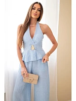 Dámský viskózový komplet vázaný top a kalhoty s širokými nohavicemi modrý Dámský viskózový komplet vázaný top a kalhoty s širokými nohavicemi modrý