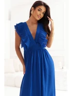 367-3 YANA Midi šaty s plisovanými volány a výstřihem - chrpová barva