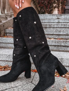 Kozaki Damskie Ocieplane Na Słupku Z Ozdobnymi Detalami Czarne Lucinda