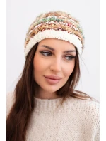 Dámská zimní čepice s barevným vláknem a elastickým stahováním K352 ecru+zelený+camelový