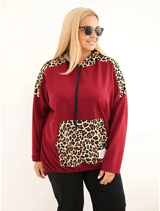 Dámská mikina Plus Size viskózová s kapucí a vložkami s leopardím vzorem bordó červená