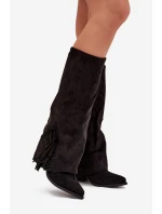 Wsuwane dámské kovbojky na sloupku s třásněmi Zalia – černé