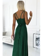 498-2 Dlouhé šaty s výstřihem a dvojitými ramínky - ZELENÉ S BROKEREM 498-2 Dlouhé šaty s výstřihem a dvojitými ramínky - ZELENÉ S BROKEREM