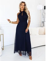 662-3 Elegantní maxi večerní šaty na ramínka s tylem a zavazováním v pase - tmavě modré