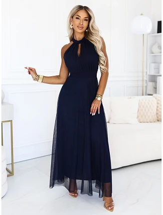 662-3 Elegantní maxi večerní šaty na ramínka s tylem a zavazováním v pase - tmavě modré