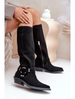 Semišové Kozačky Kovbojky Na Nízkém Podpatku S Dekorací Zazoo 3656 Černé