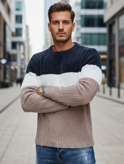 Pánský svetr s kulatým výstřihem tmavě modrý a béžový FashionStreet WX2321