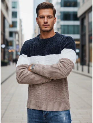 Pánský svetr s kulatým výstřihem tmavě modrý a béžový FashionStreet WX2321