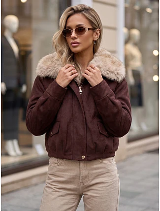 Dámská zimní semišová bunda s kožešinou, vínová, FashionStreet TY5699