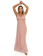 637-7 Dlouhé maxi šaty s brokátovým akcentem a hlubokým výstřihem - pudrově růžové