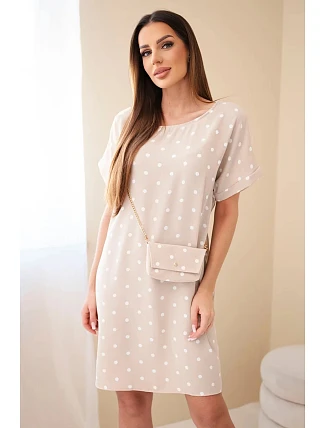 Dámské šaty s puntíky s krátkým rukávem a kabelkou béžové Dámské šaty s puntíky s krátkým rukávem a kabelkou béžové