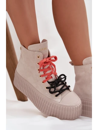 Dámské zateplené semišové trampky na masivní platformě GOE – béžové