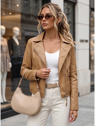 Dámská kožená bunda ve stylu Ramones v béžové barvě FashionStreet TY5714 Dámská kožená bunda ve stylu Ramones v béžové barvě FashionStreet TY5714