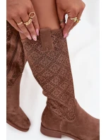 Dámské prolamované kozačky na plochém podpatku S.Barski – hnědé