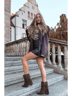 Dámské kotníkové boty na podpatku s třásněmi a zlatými sponami hnědé Evelisse Botki Damskie