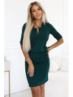 161-19 AGATA Šaty s límečkem a kravatou - BOTTLE GREEN