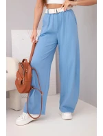 Dámské bavlněné kalhoty s širokou nohavicí a páskem jeansové