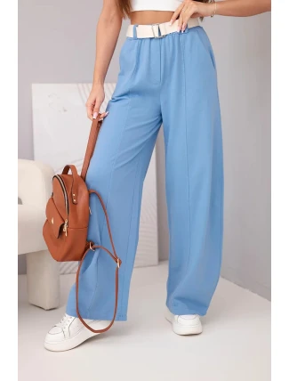 Dámské bavlněné kalhoty s širokou nohavicí a páskem jeansové