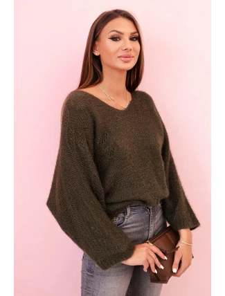 Dámský svetr z mohairu volného střihu s výstřihem do V khaki