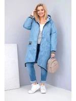 Dámská bunda Plus Size prošívaná s kapucí a sportovními manžetami jeansová