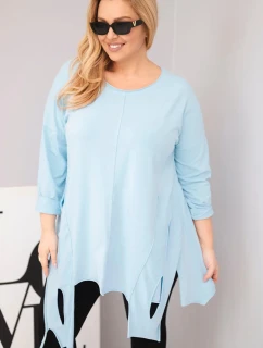 Dámská bavlněná blůza Plus Size s asymetrickým lemem a výřezy modrá