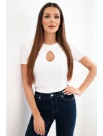 Dámská viskózová žebrovaná halenka s ozdobným výstřihem u dekoltu bílá