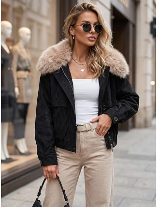Dámská zimní semišová bunda s kožešinou, černá, FashionStreet TY5695