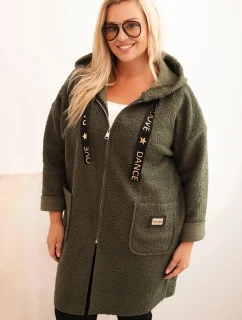 Dámský plášť Plus Size z umělé beránkové látky s kapucí a kapsami khaki