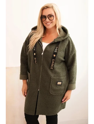 Dámský plášť Plus Size z umělé beránkové látky s kapucí a kapsami khaki Dámský plášť Plus Size z umělé beránkové látky s kapucí a kapsami khaki