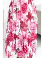 CARLA - Plisované dámské midi šaty s knoflíčky, dlouhými rukávy a se vzorem tmavě růžových květů na bílém pozadí 449-5