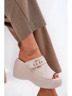 Kožené Dámské Sandály Na Platformě A Klínu S Přezkou Béžové S.Barski LR51-542