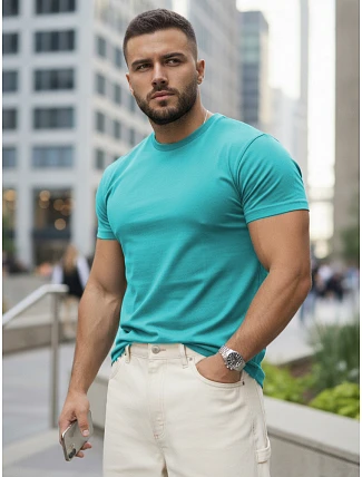 Pánské bavlněné tričko basic v tyrkysové barvě FashionStreet RX5692
