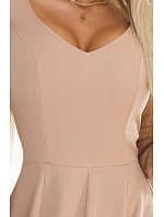 640-4 LORETTA jedinečné dlouhé šaty s tylovými rukávy a výstřihem - béžové