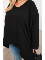 Dámská bavlněná blůza Plus Size s asymetrickým spodním lemem a výstřihem do V černá