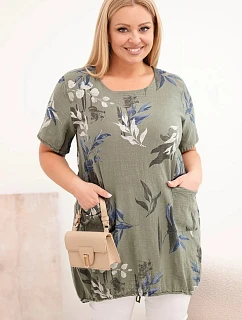 Dámská bavlněná halenka Plus Size s krátkým rukávem a zavazováním dole khaki