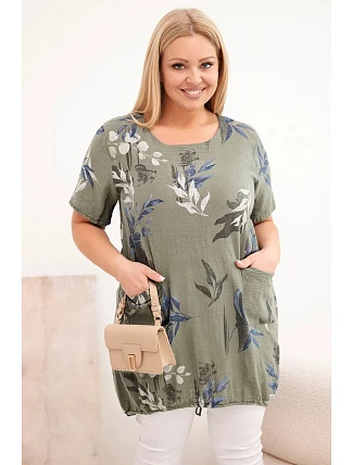 Dámská bavlněná halenka Plus Size s krátkým rukávem a zavazováním dole khaki
