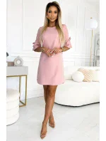 217-9 NEVA Trapézové šaty s rozšířenými rukávy - pudrově růžové se třpytkami 217-9 NEVA Trapézové šaty s rozšířenými rukávy - pudrově růžové se třpytkami