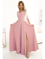 309-13 AMBER elegantní dlouhé krajkové šaty s výstřihem - pudrově růžové