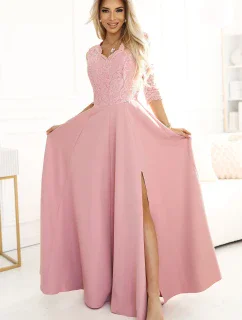 309-13 AMBER elegantní dlouhé krajkové šaty s výstřihem - pudrově růžové