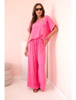 Dámský komplet z viskózy s ozdobným květem a širokými kalhotami - růžový