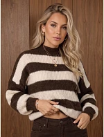 Dámský oversize rolák s pruhy v čokoládově-béžové barvě FashionStreet MY2630 Dámský oversize rolák s pruhy v čokoládově-béžové barvě FashionStreet MY2630