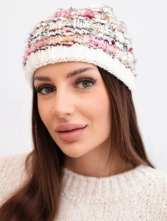Dámská zimní čepice s barevným vláknem a elastickým stahováním K352 ecru+růžový neon+camelový