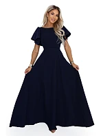 694-4 MIRELLA Elegantní maxišaty s rozšiřujícím se střihem a flitrovými rukávy – tmavě modré 694-4 MIRELLA Elegantní maxišaty s rozšiřujícím se střihem a flitrovými rukávy – tmavě modré