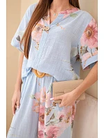 Dámský bavlněný komplet s krátkým rukávem a širokými nohavicemi modrý Dámský bavlněný komplet s krátkým rukávem a širokými nohavicemi modrý