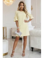 217-12 NEVA Dámské trapézové šaty s vázáním na rukávech - pastelově žluté 217-12 NEVA Dámské trapézové šaty s vázáním na rukávech - pastelově žluté