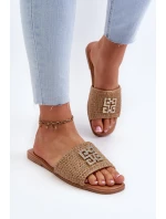 Ploché Dámské Žabky S Pletením a Ozdobou Beige Omenna