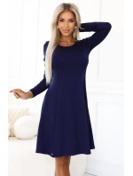 567-2 Pohodlné trapézové šaty s dlouhými rukávy - tmavě modré