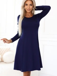 567-2 Pohodlné trapézové šaty s dlouhými rukávy - tmavě modré