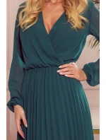 ISABELLE - Plisované dámské šaty v lahvově zelené barvě s dekoltem a dlouhými rukávy 313-1