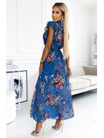 ARIA - Světle modré dlouhé květované dámské šaty s výstřihem a krátkými rukávy 473-1